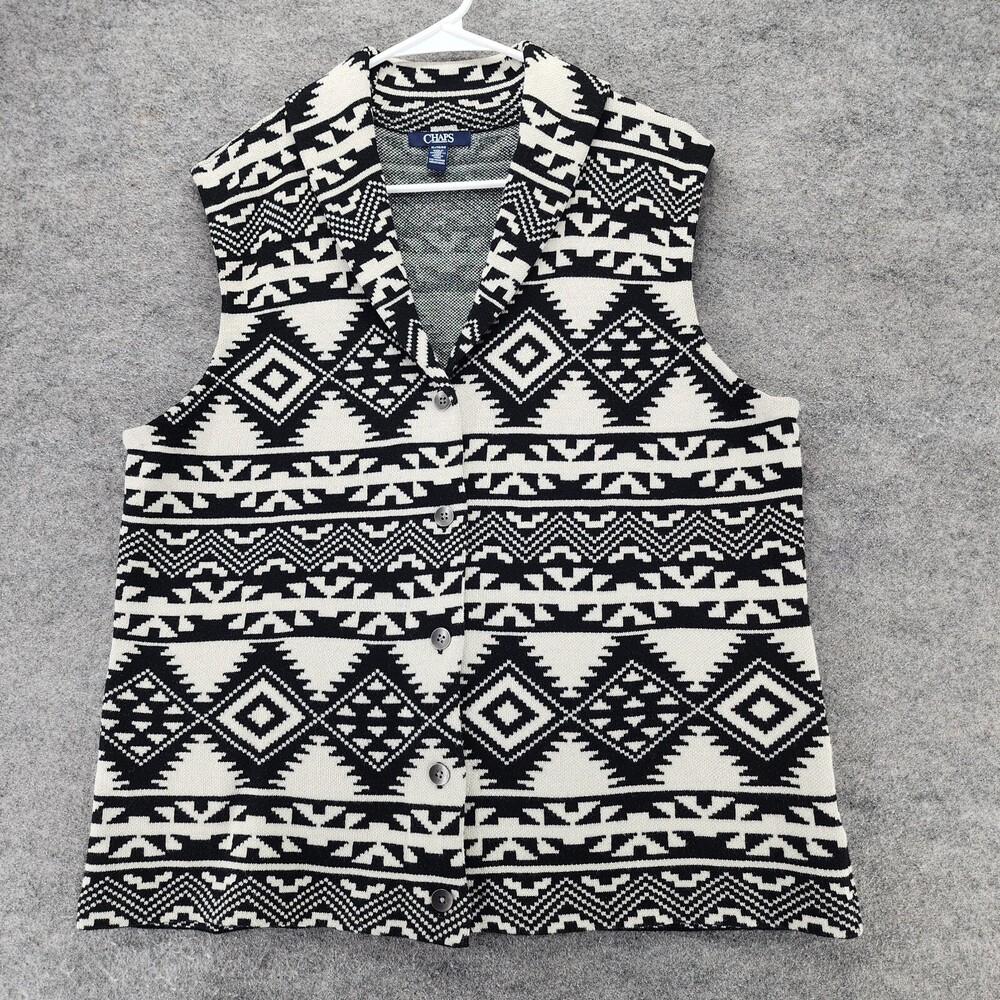 Chaps Cardigan Womens XL Sleeveless Aztec Black White Button Front